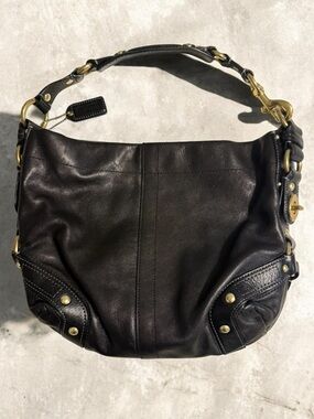 Coach Carly Medium , color Black Leather Shoulder Hobo Bag with Brass Hardware